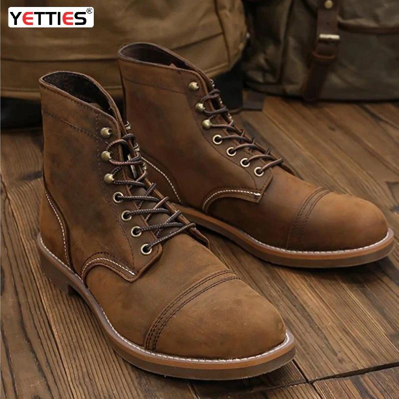 Amekaji Bottes de moto en cuir vintage, bottes du désert à bout pointu véritable avec semelle épaiss