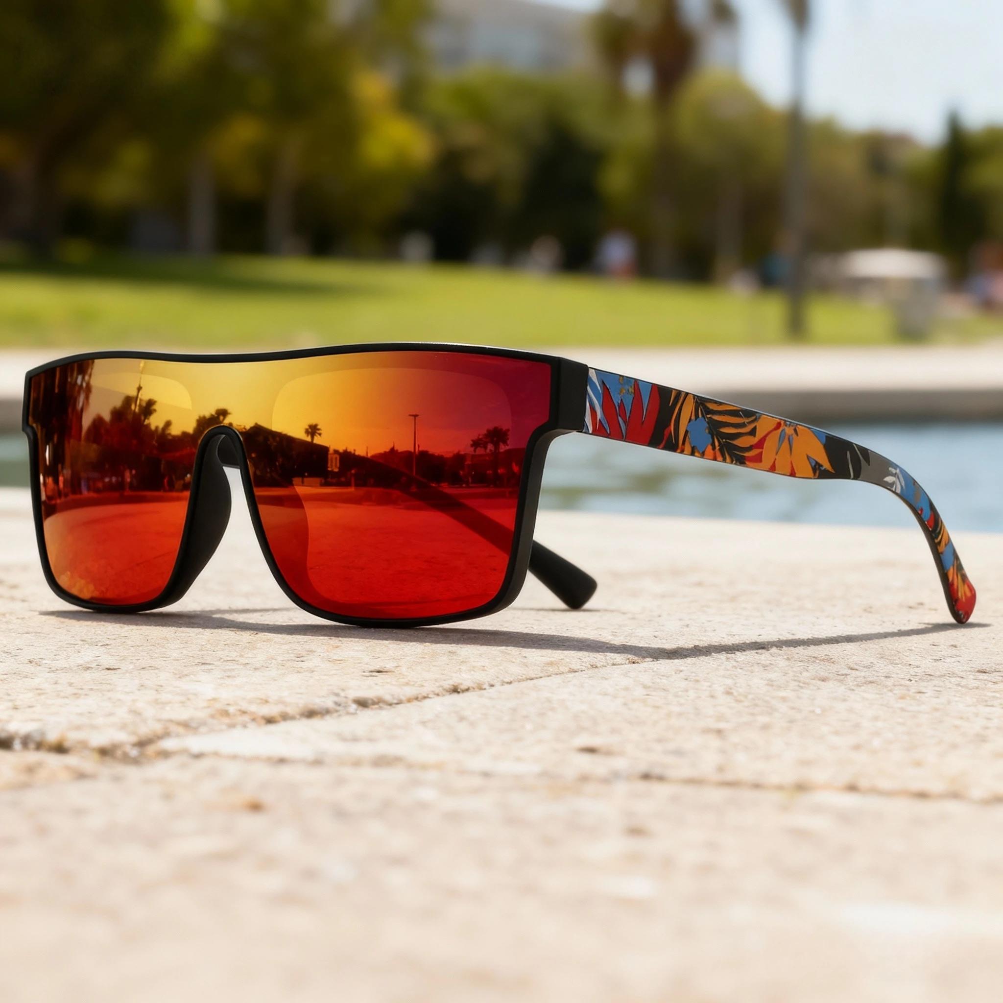 Lunettes de soleil de sport carrées classiques à la mode – Temples à motifs, unisexe pour le cyclism