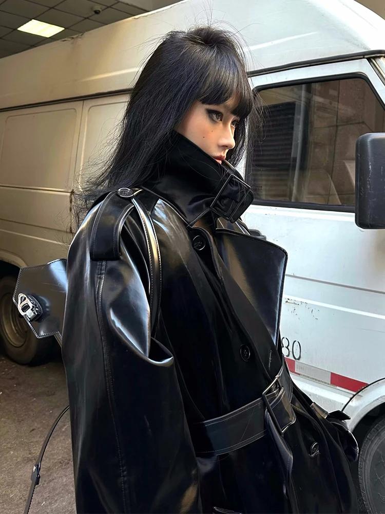 Lautaro printemps automne Extra Long surdimensionné Cool réfléchissant brillant noir en cuir verni T