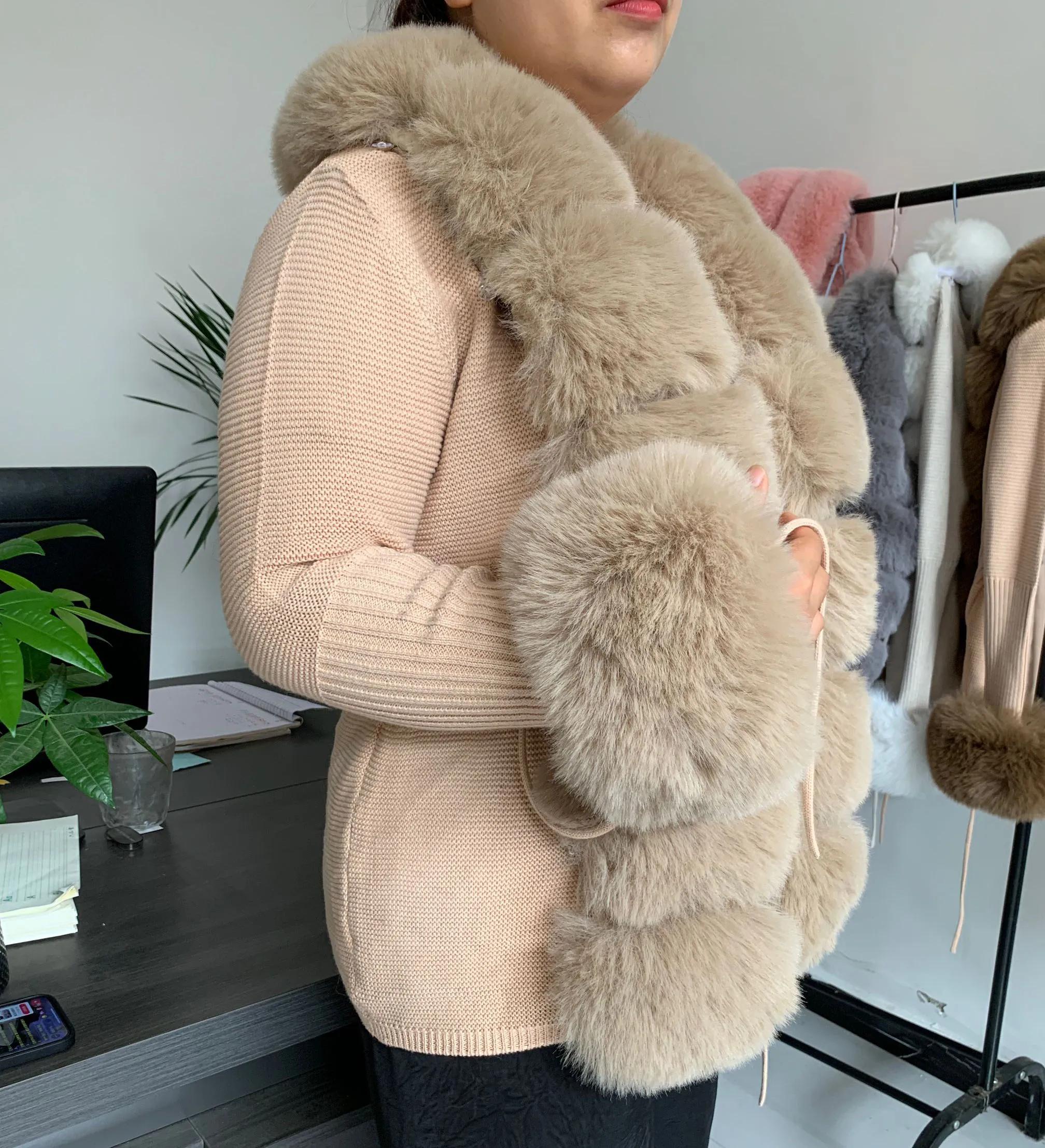 Femmes fausse fourrure tricot pull cardigan printemps automne élégant pull tricoté avec fausse fourr