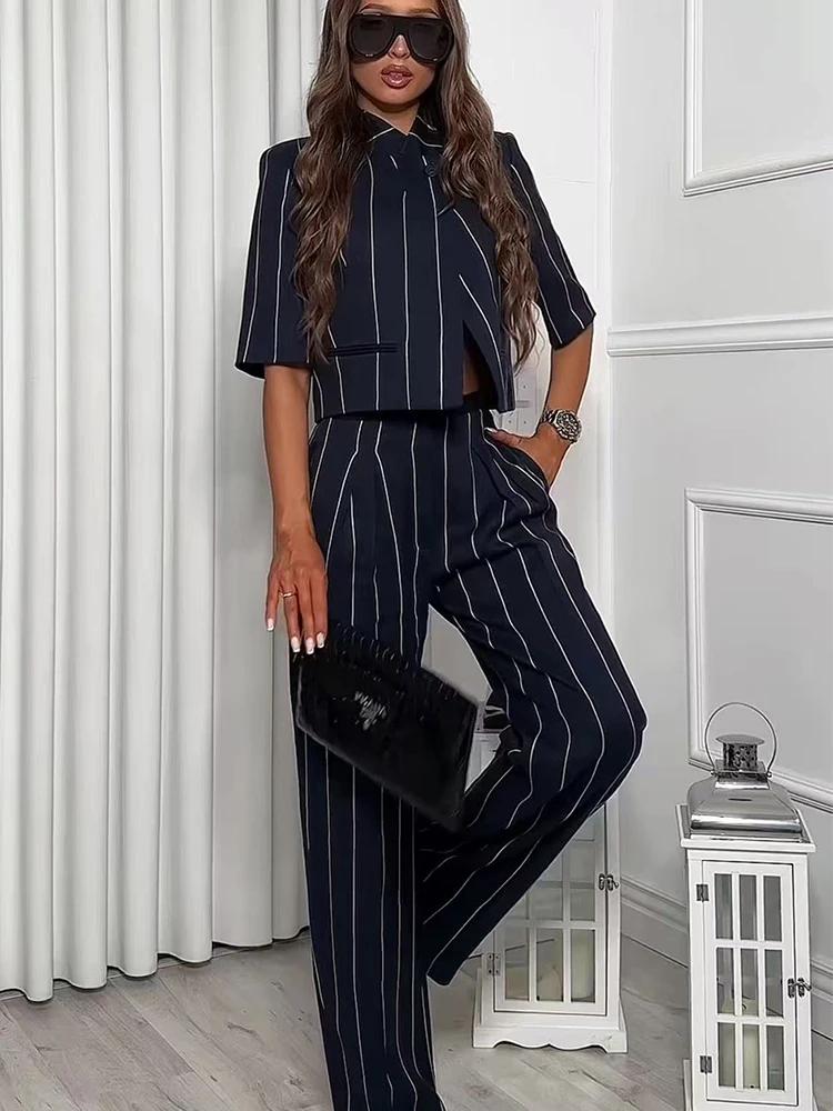 TFMLN Ensemble deux pièces élégant pour femme, pantalon à rayures imprimées, style décontracté et ch