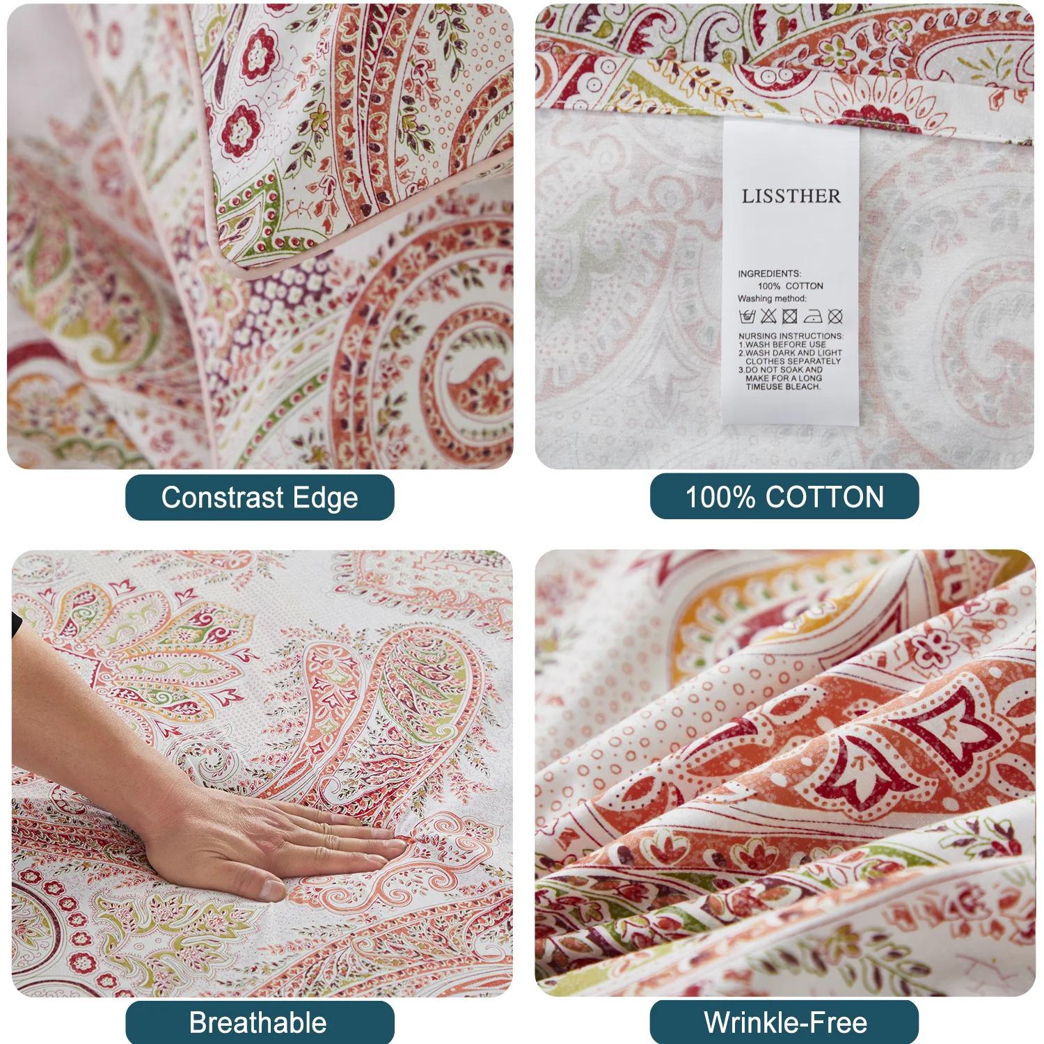 Ensemble de housse de couette 3 pièces 600TC 100% coton égyptien, imprimé Paisley rose Boho, doux et