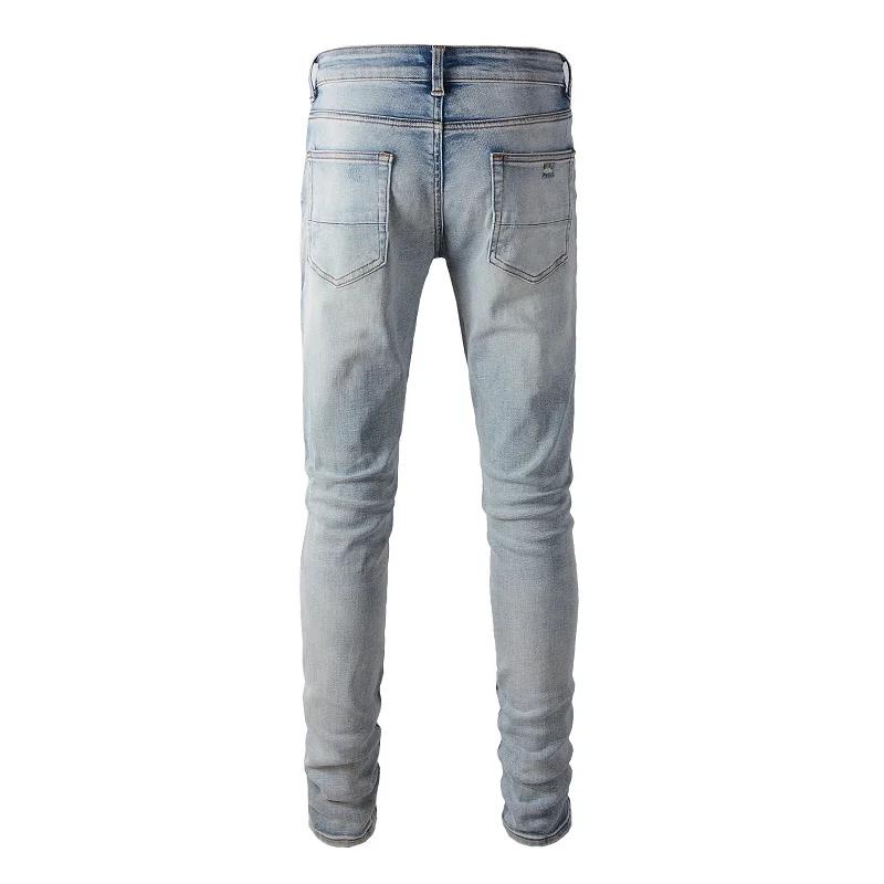 Jean classique en Denim extensible bleu clair pour hommes, Streetwear Vintage déchiré en coton, pant