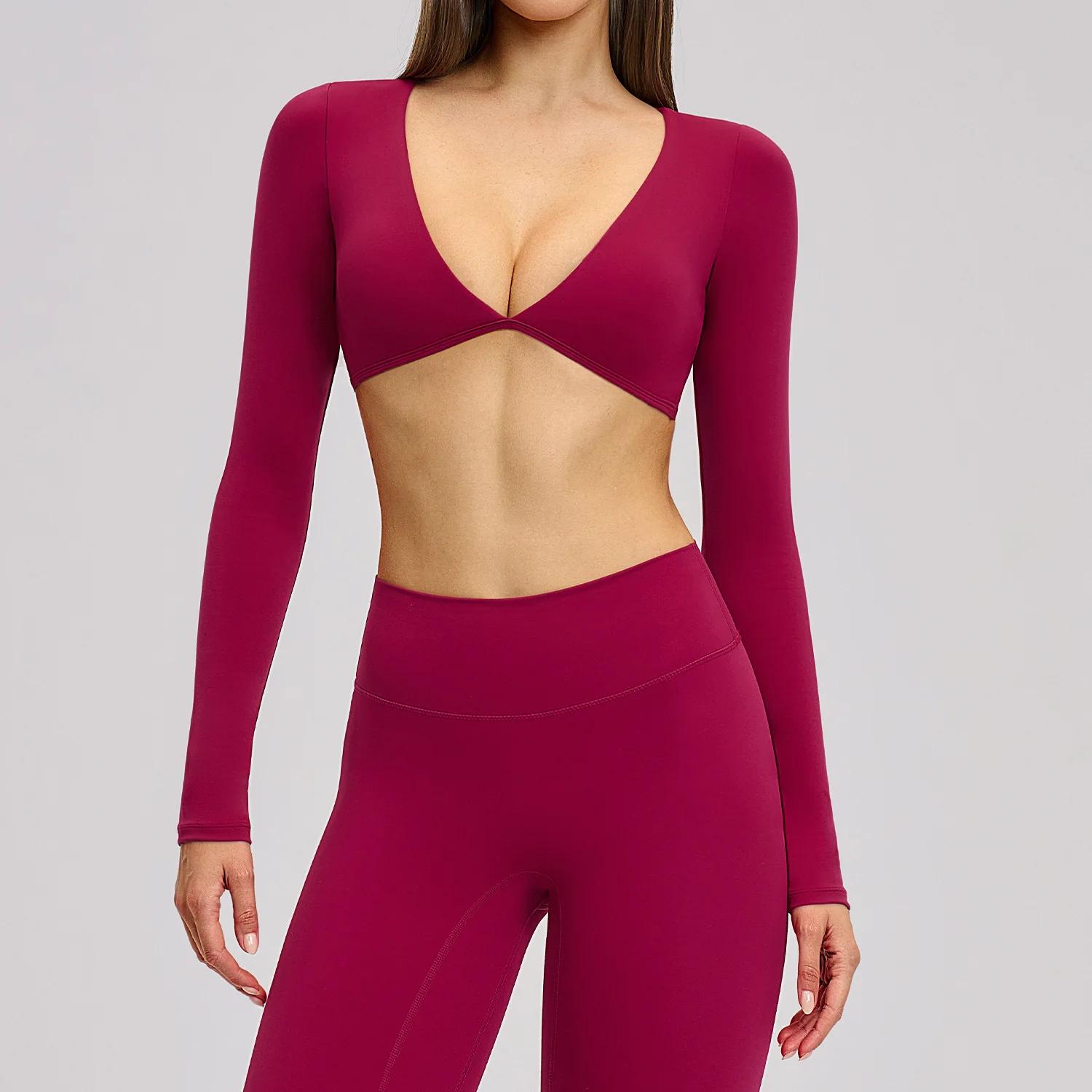 Haut court de yoga à manches longues pour femme, séchage rapide, idéal pour la gym, la course et l'e