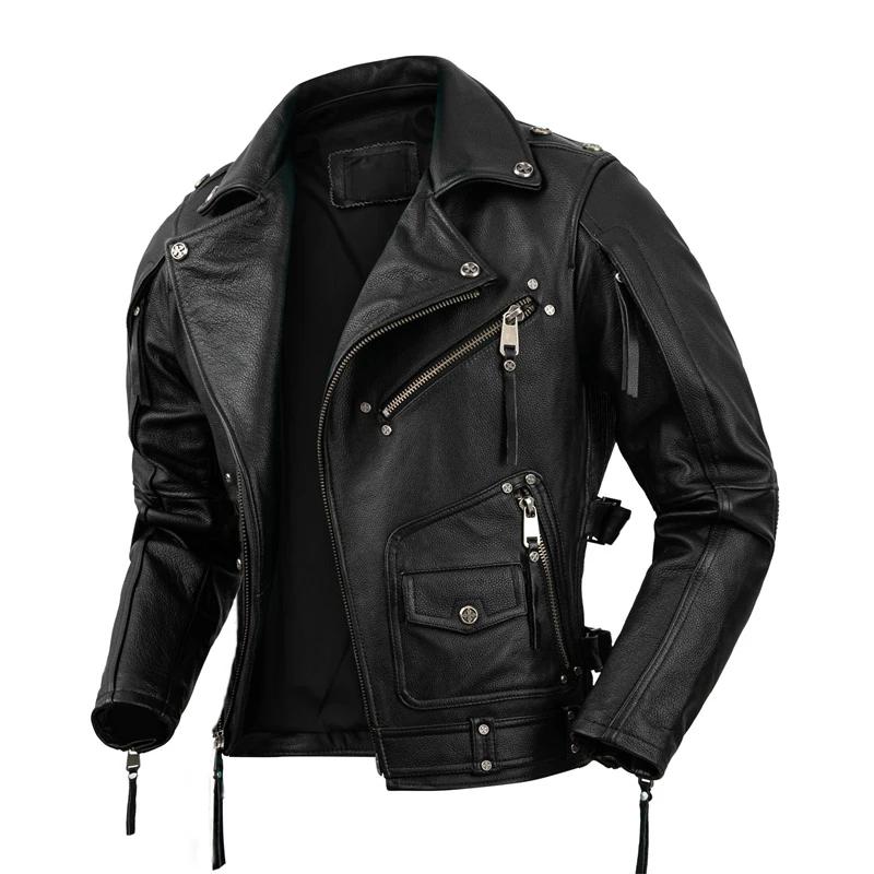 Veste de motard en cuir naturel pour homme, couche supérieure, cuir de vachette, rétro, pierre tremp