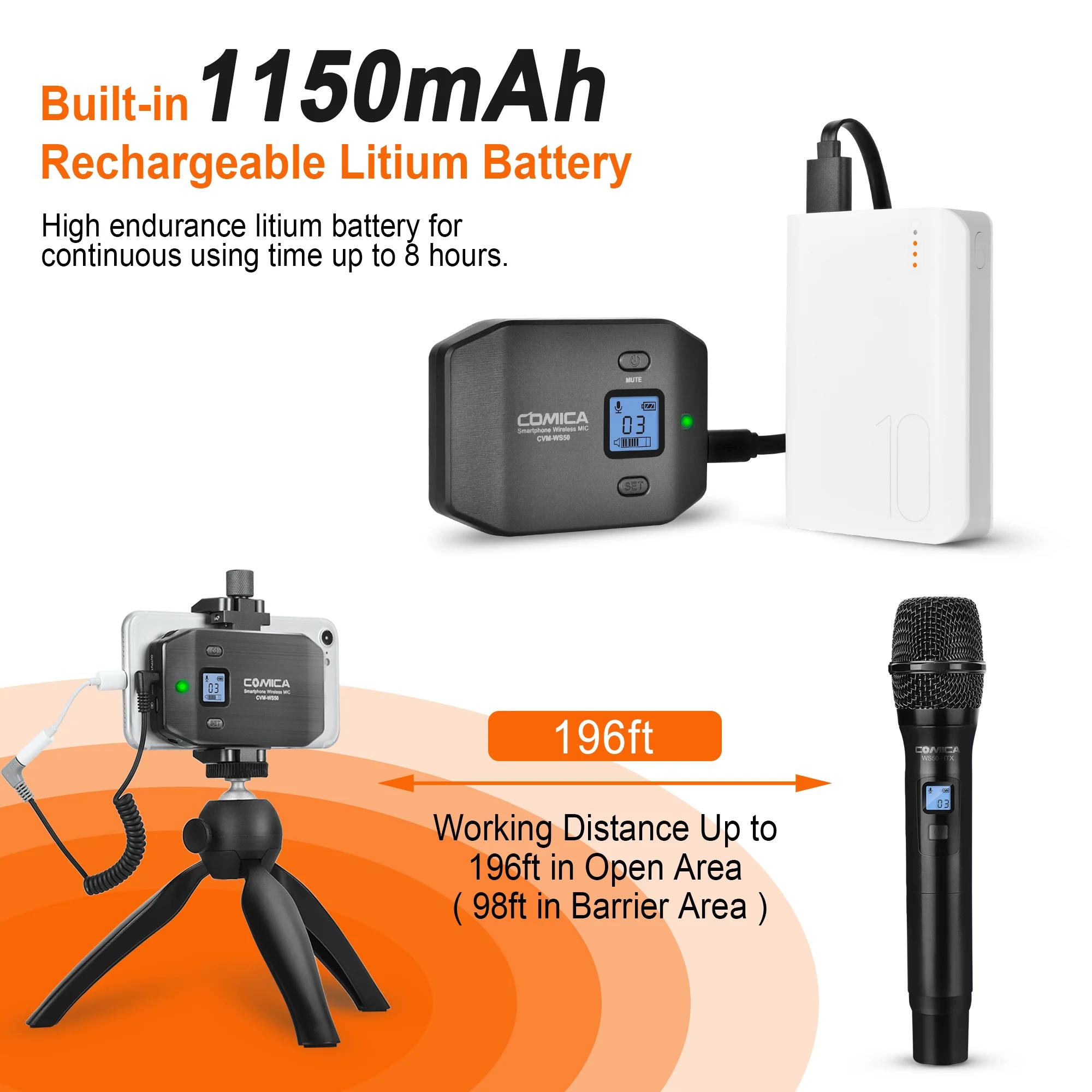 Microphone portable COMICA CVM-WS50H, microphone sans fil UHF, 6 canaux, micro à condensateur pour i