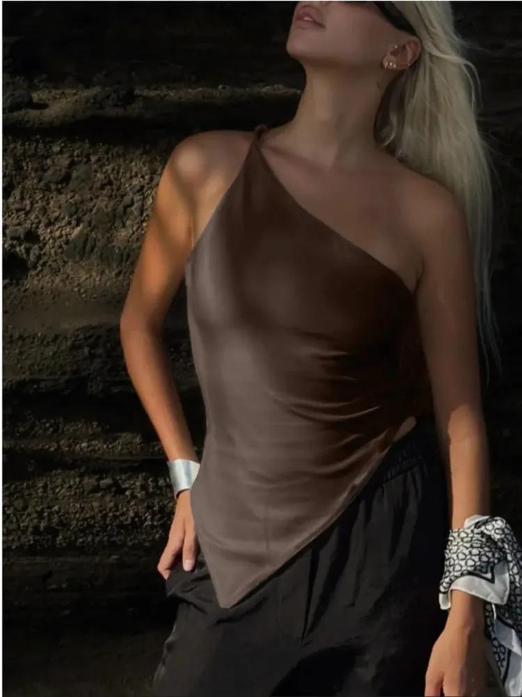 2025 nouveau T-Shirt femme décontracté à la mode couleur unie simple épaule asymétrique haut ajusté 