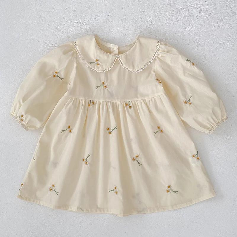 Vêtements de printemps pastorale pour petites filles, robe d'automne en coton brodé à fleurs, robe d