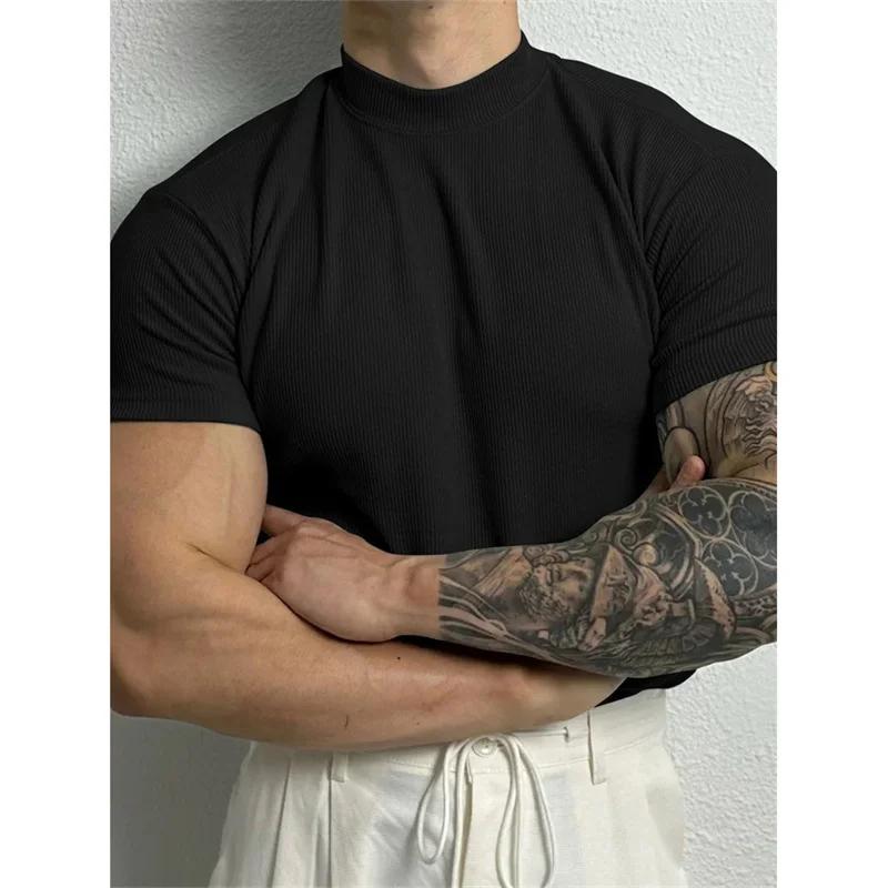 T-shirt sport homme rayé printemps été - Col haut élastique pour fitness et activités de loisirs