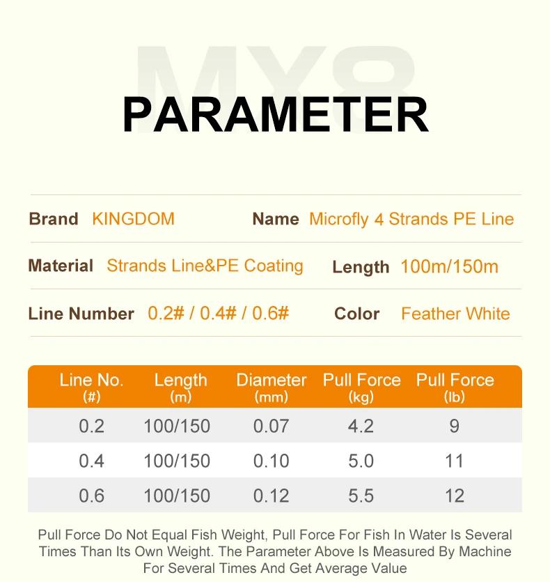 Ligne de pêche tressée Kingdom Microfly 4 brins en PE 0.2 #   0.4 #   0.6 #   Fil de pêche à la carp