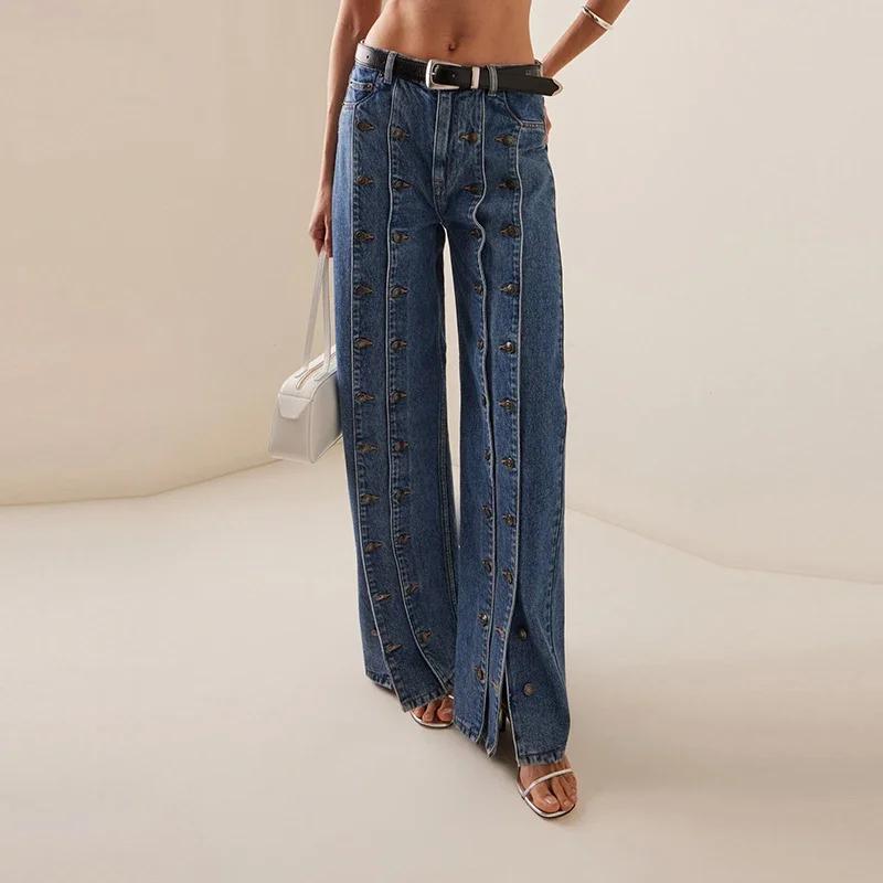 Femmes printemps automne élégant bouton jean pantalon 2025 nouveau Vintage Denim Long Vintage pantal