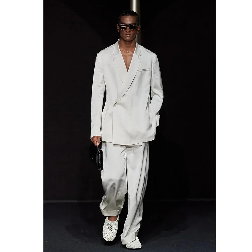 Costume Blanc à Revers à Encoche et un Bouton pour Homme, Tenue de Voyage Chic et Décontractée, Smok