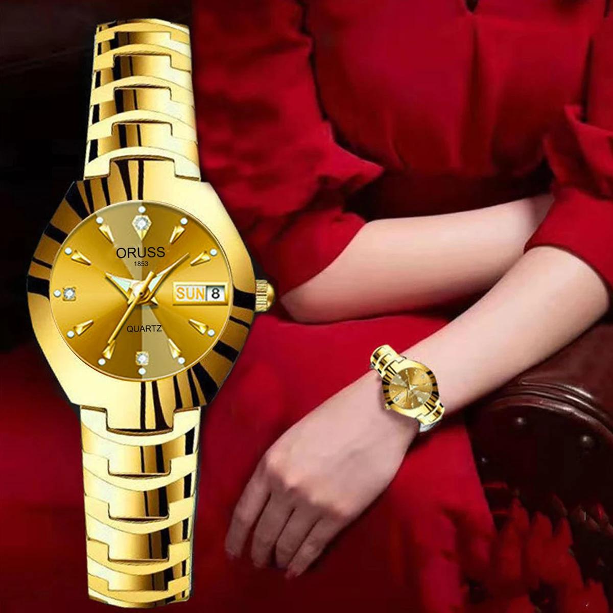 ORUSS-Montre de couple étanche pour hommes et femmes, quartz, acier inoxydable, date, semaine, horlo