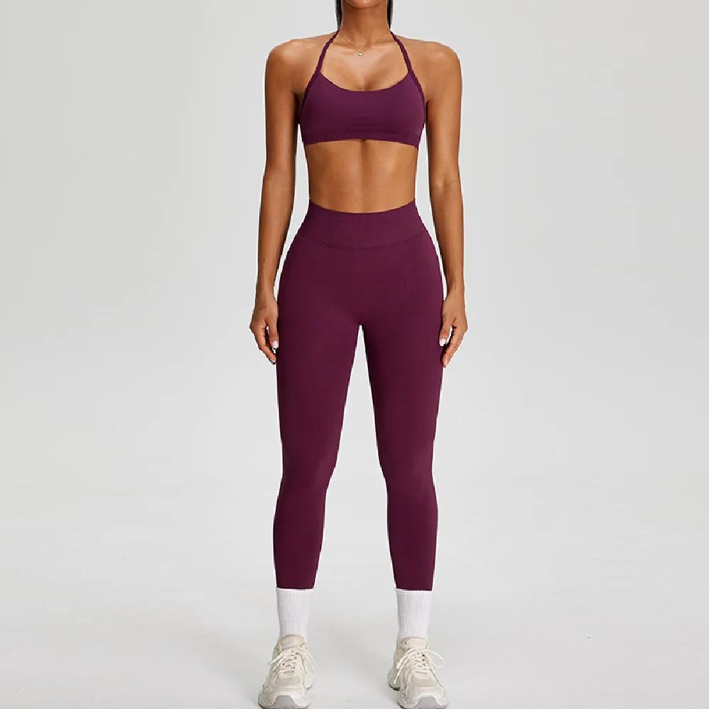 Ensemble de sport 2 pièces sans couture pour femme : haut court et leggings taille haute – Idéal pou