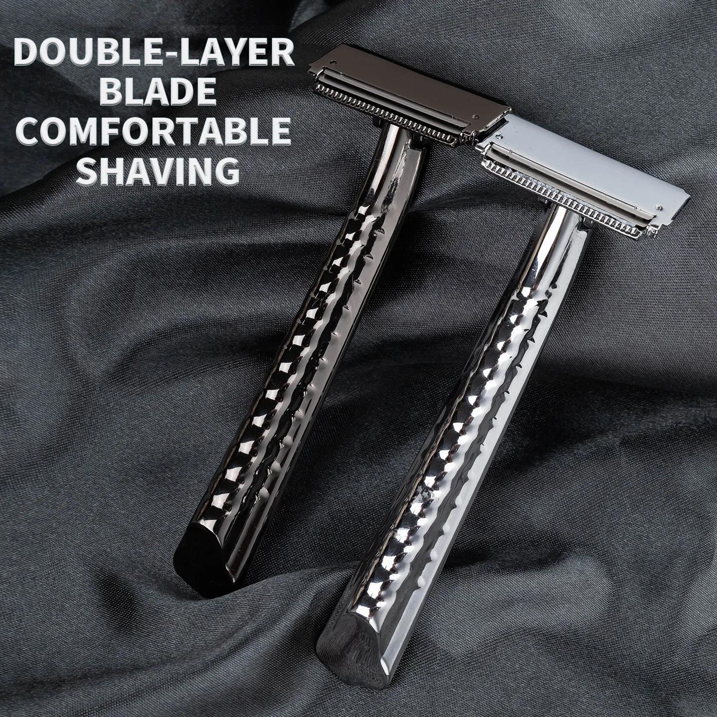 Rasoir manuel classique en métal à double lame semi-affûtée, rasoir à barbe en acier inoxydable à do