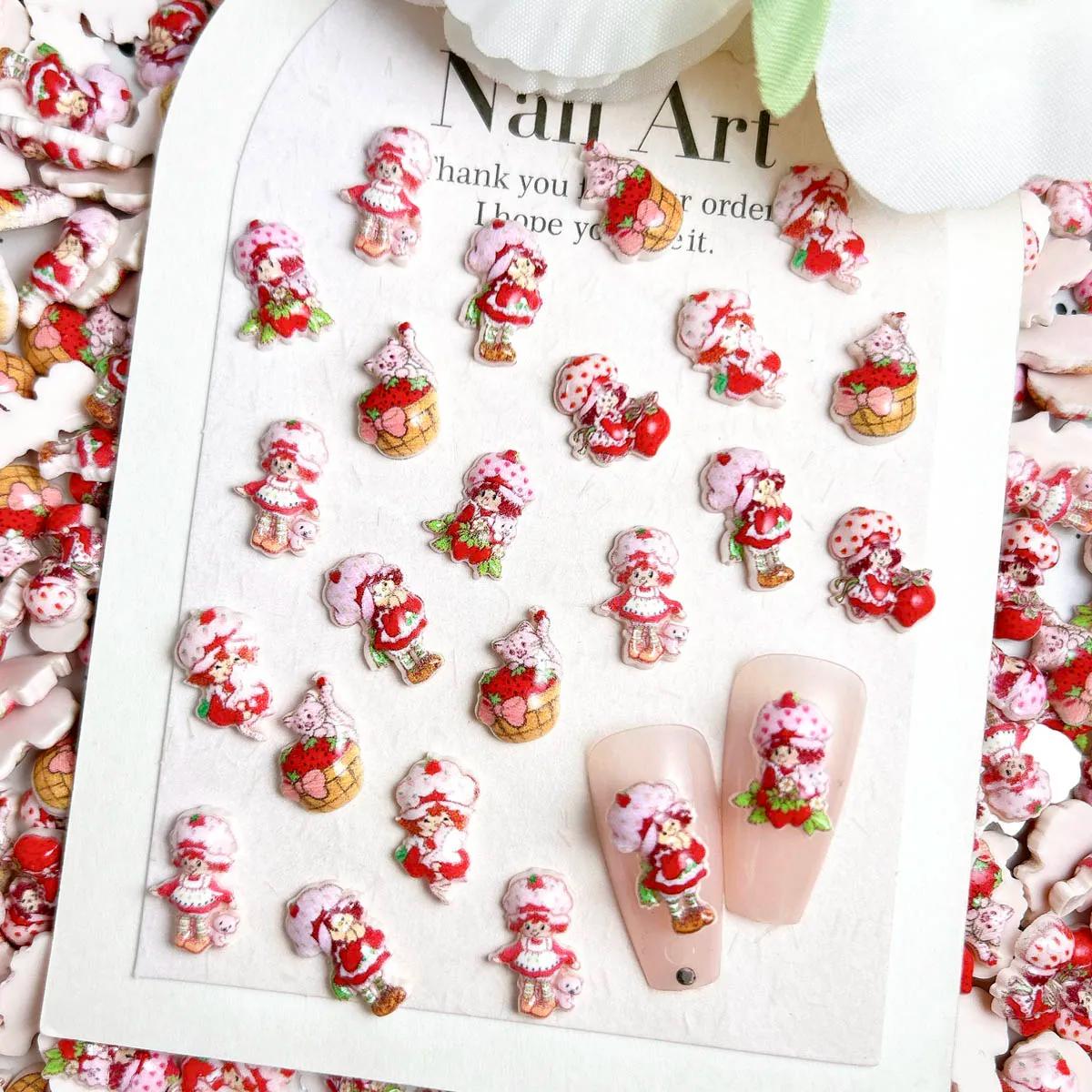 30 pièces simulé dessin animé mignon fraise fille résine ongles breloques 3D créatif doux fraise cha