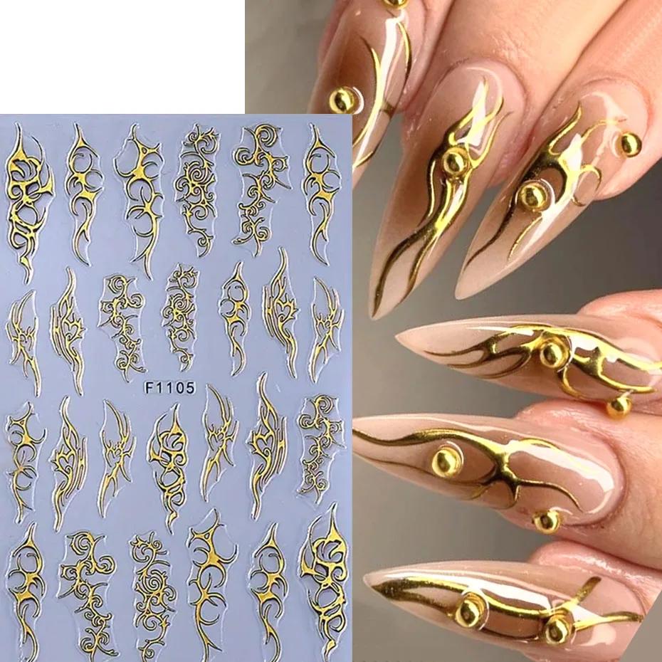 Autocollants métalliques chromés pour Nail Art, 2 pièces, Y2K Punk épines flamme Totem, modèles or a
