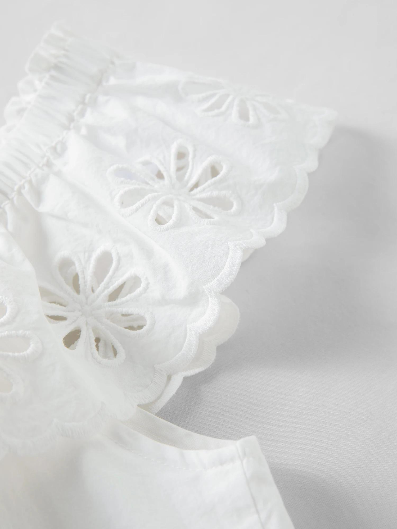 Robe DUSHU florale à épaules dénudées avec broderie et lacets, blanche, coupe trapèze amincissante, 
