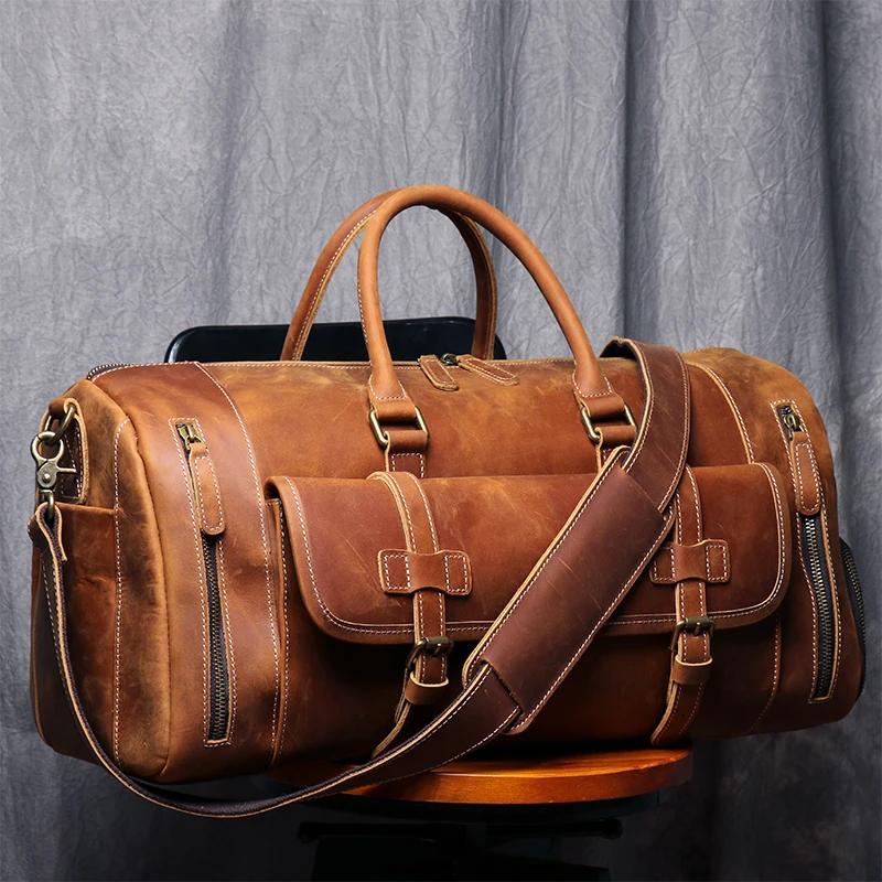MUNUKI Vintage Crazy Horse sac de voyage en cuir véritable grand sac à bagages hommes sac de sport e