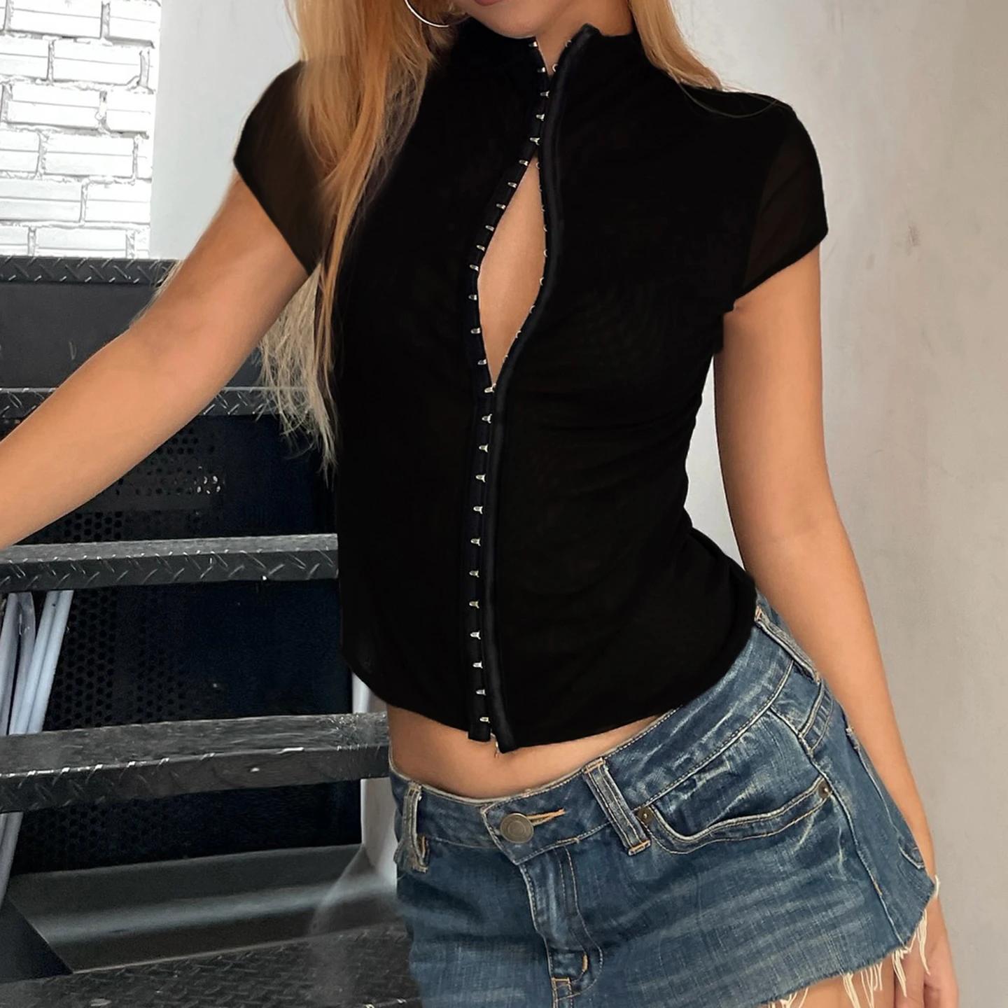 T-shirt court ajusté Y2K SUCHCUTE pour femme, uni, à manches courtes, boutonné sur le devant, style 