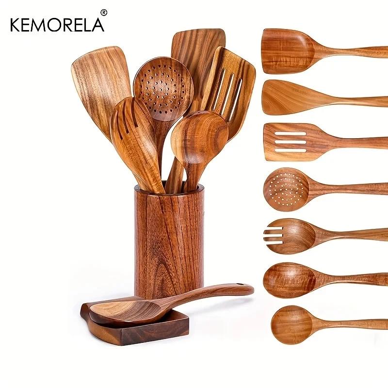 Cuillères en bois pour la cuisine, ustensiles en bois pour la cuisine avec porte-ustensiles, ensembl