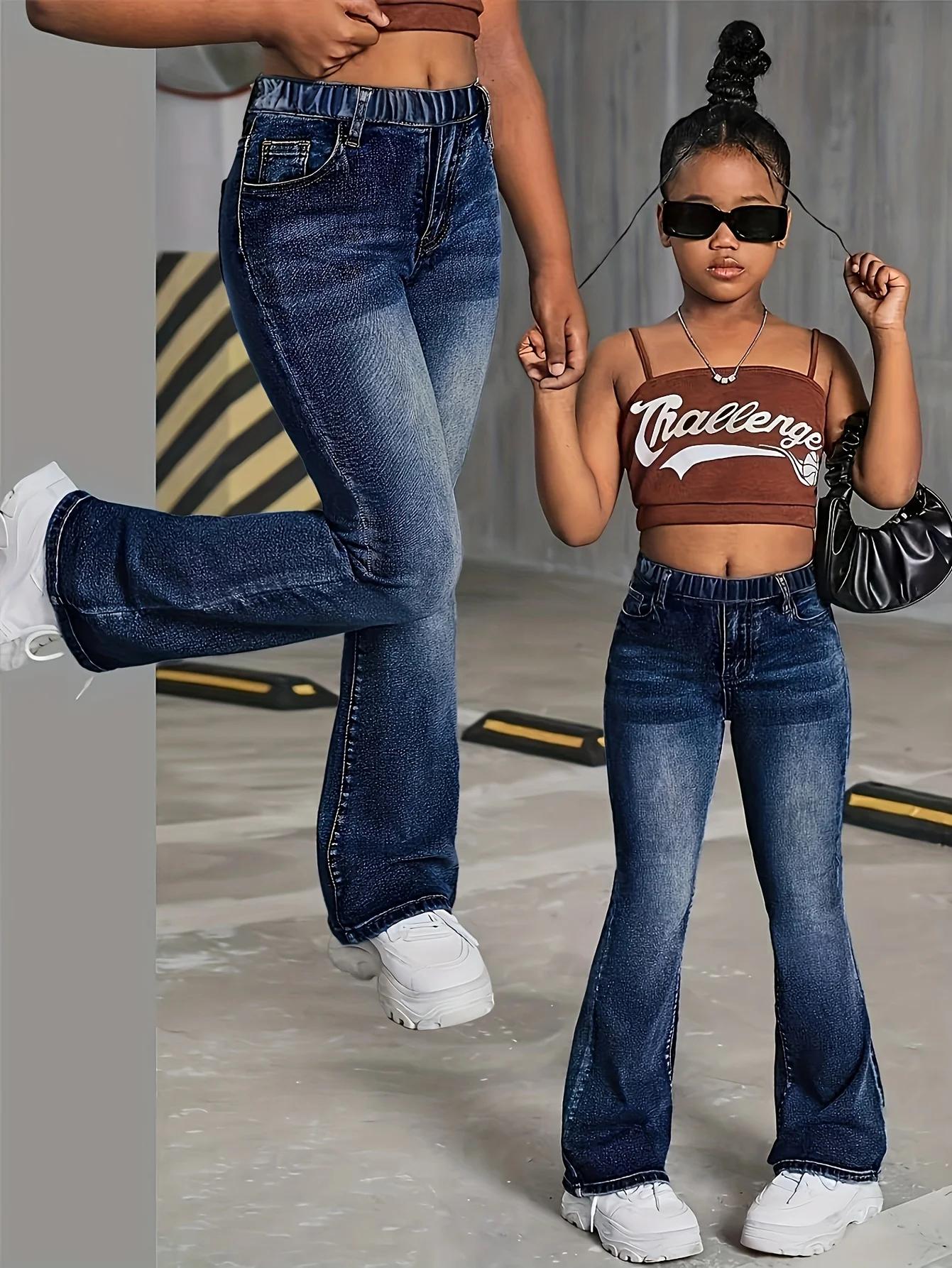 Jean à jambes larges de style scolaire pour filles, taille élastique et tissu confortable, adapté à 