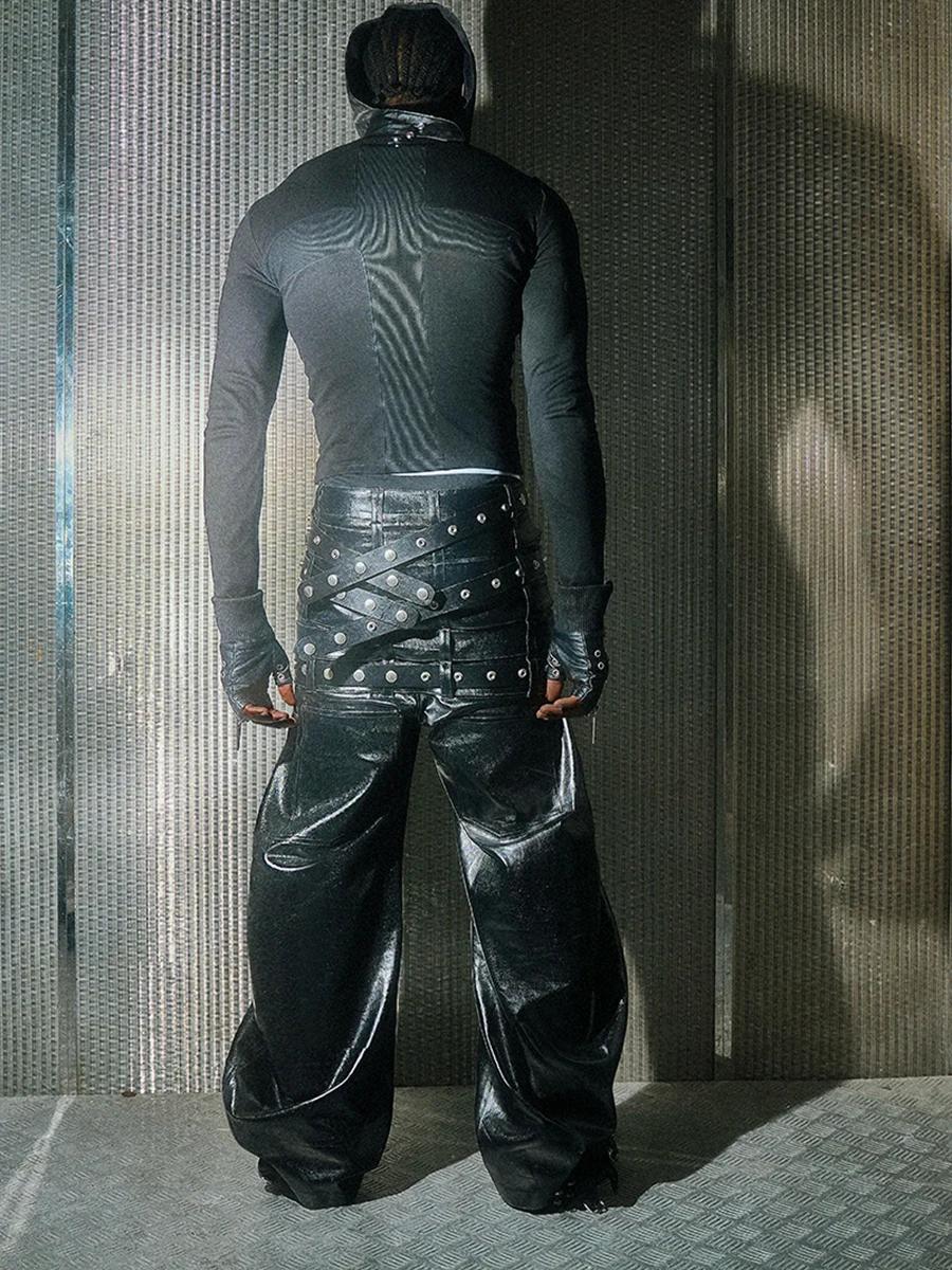 Mauroicardi automne longue multi-tailles brillant noir Pu cuir torsadé ceinturé pantalon hommes de l