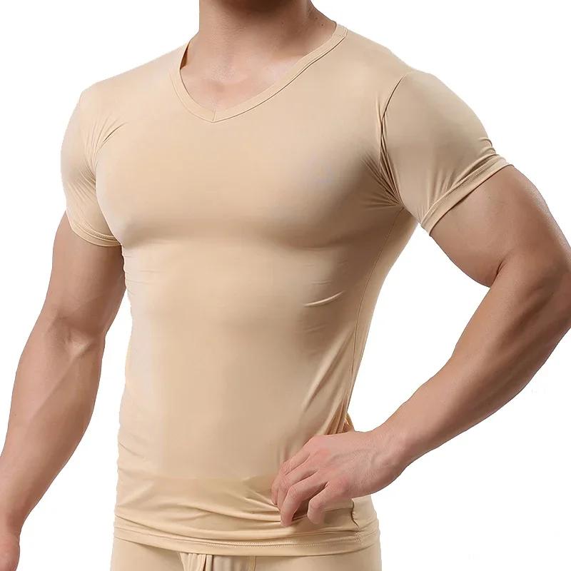 Ice InjT-Maillot de corps en nylon à manches courtes et col en V pour homme, chemises ultrafines, vêtements de nuit cool