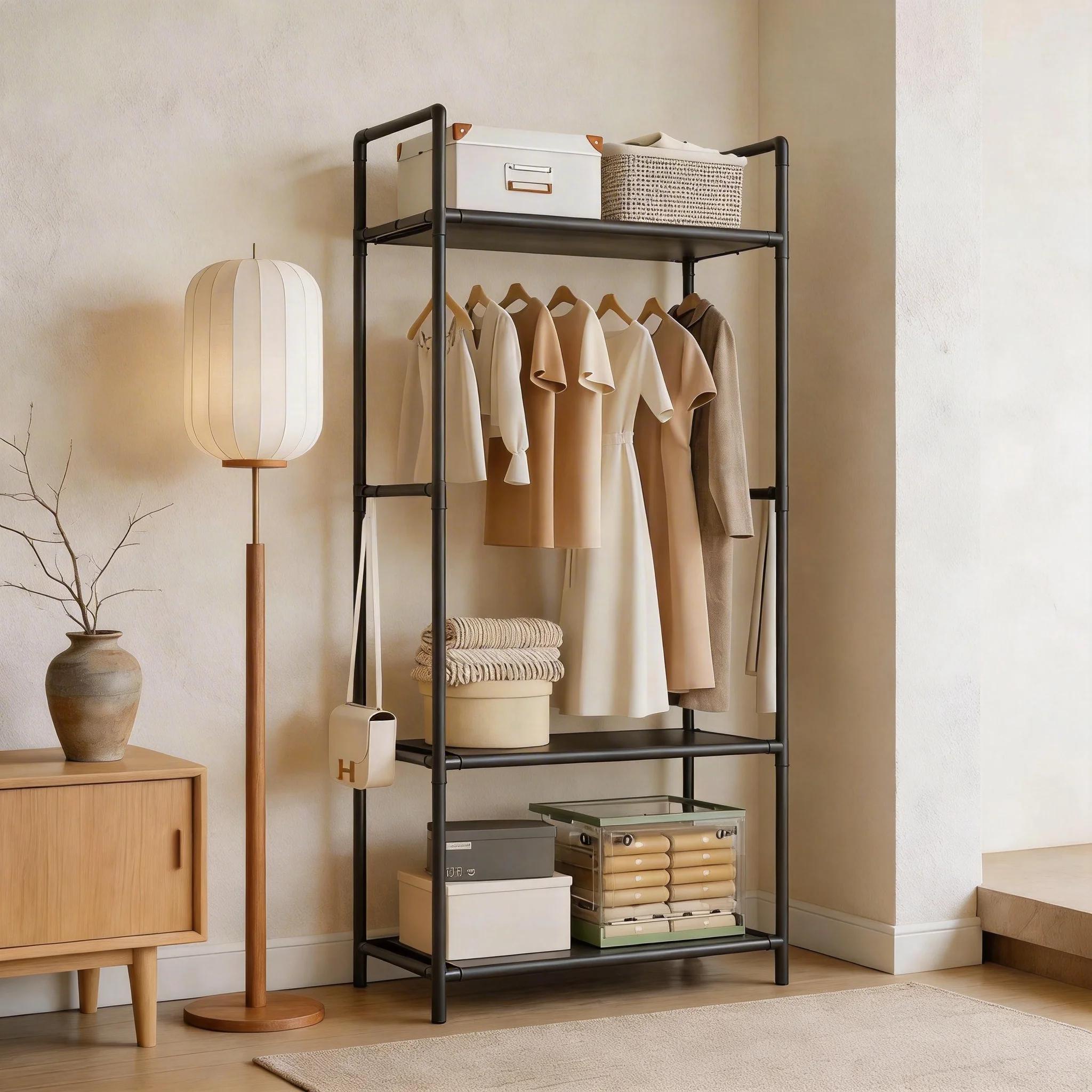 Porte-manteau multifonctionnel avec cintres, étagère de rangement multi-niveaux pour vêtements, organisateur de vêtements pour salon, gain de place