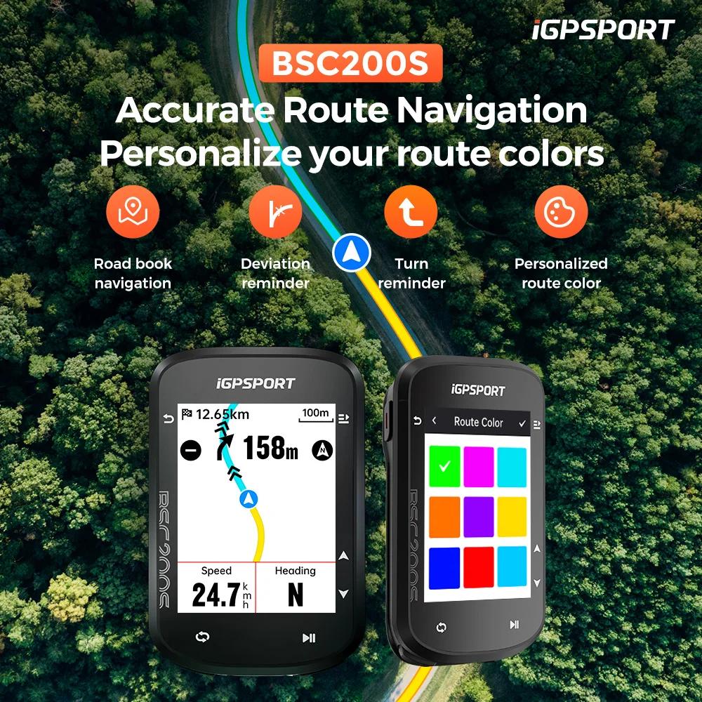Ordinateur de vélo GPS iGPSPORT BSC200S avec navigation d'itinéraire, écran couleur, compteur de vitesse sans fil, odomètre de cyclisme, Bluetooth et ANT+