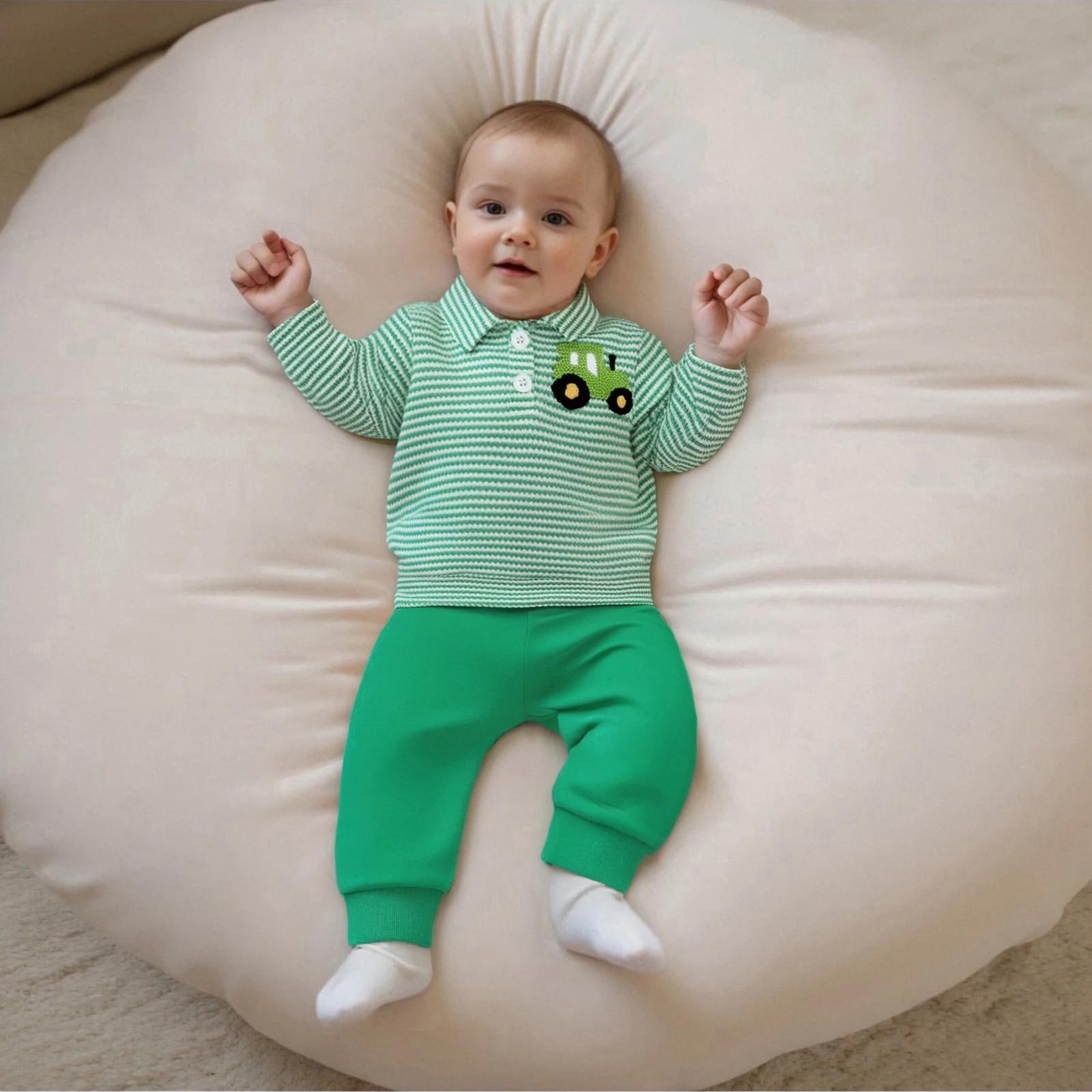 Vêtements pour bébé garçon 2 pièces tenues à manches longues revers camion broderie hauts rayés pantalons ensemble de vêtements