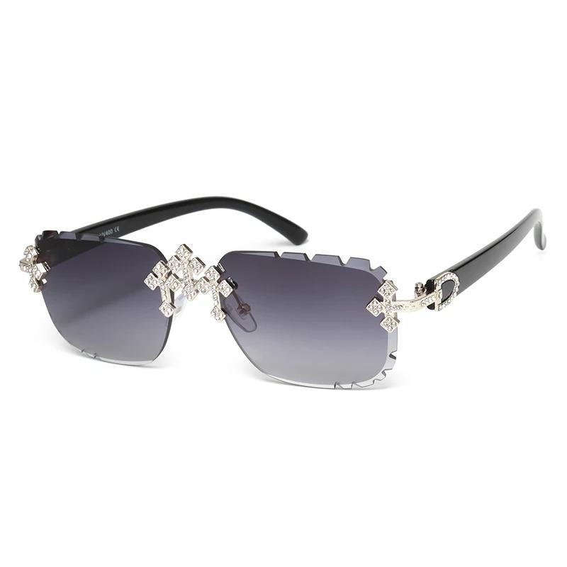 2025 mode carré sans monture lunettes de soleil pour femmes croix diamant métal cadre