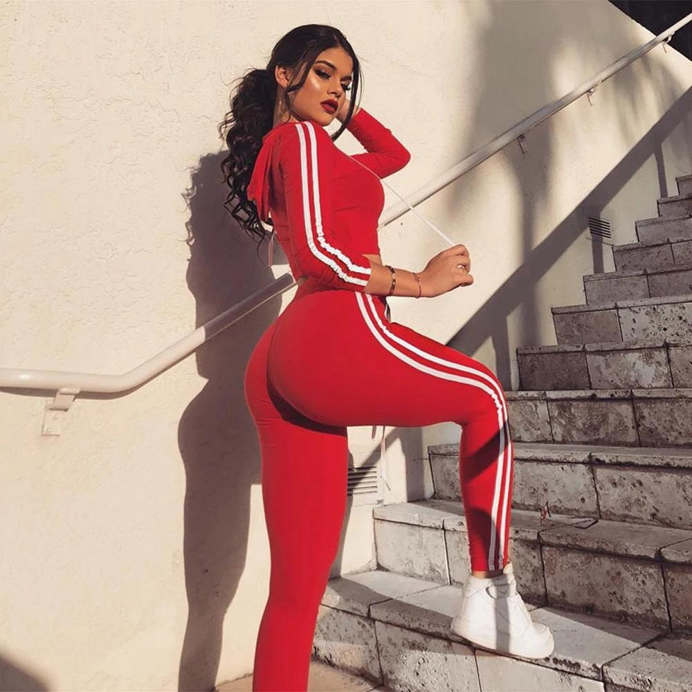 Ensemble de survêtement femme Fitness décontracté 2 pièces ensembles côté rayé à capuche culture hauts et pantalons