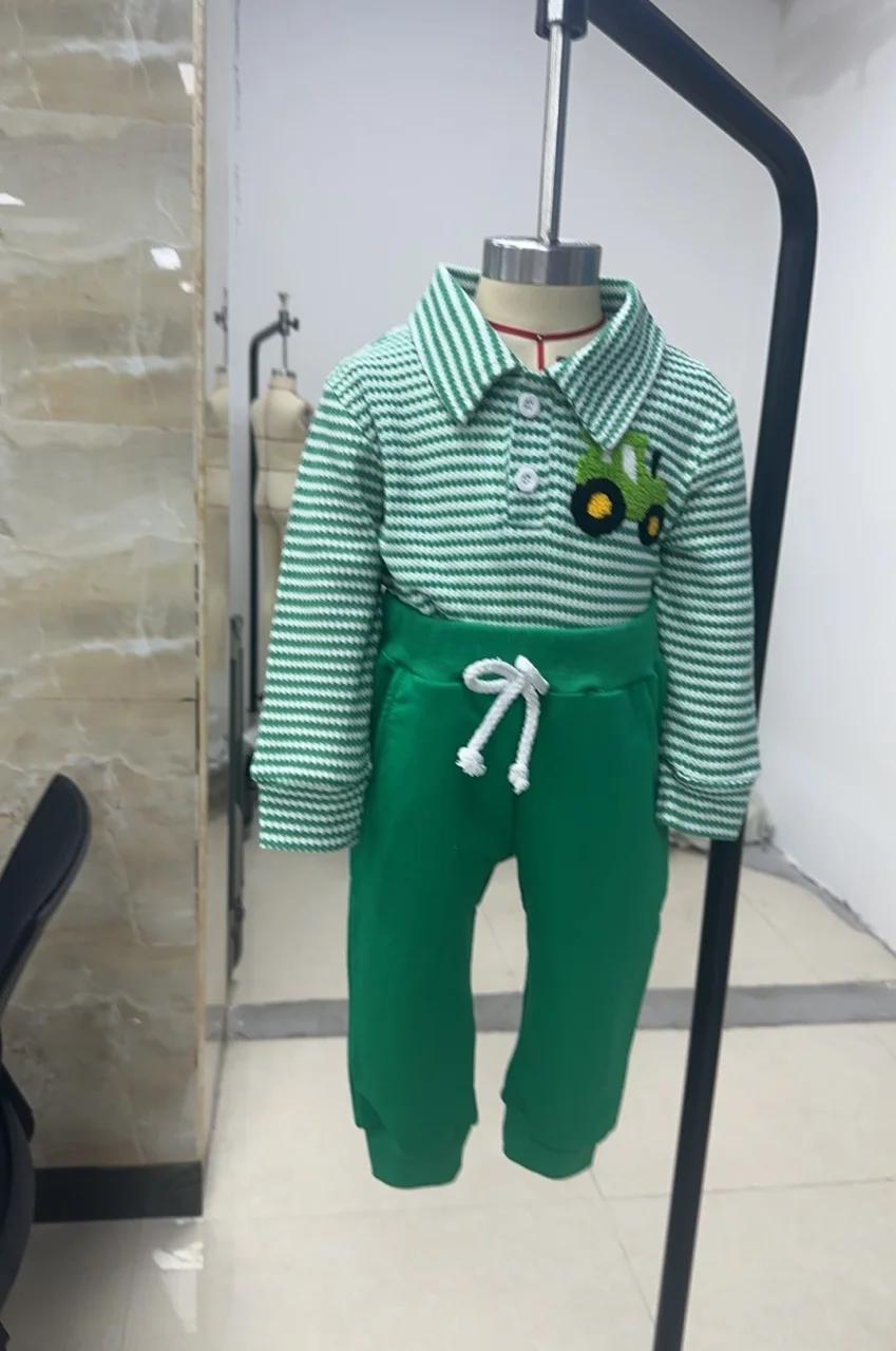 Vêtements pour bébé garçon 2 pièces tenues à manches longues revers camion broderie hauts rayés pantalons ensemble de vêtements