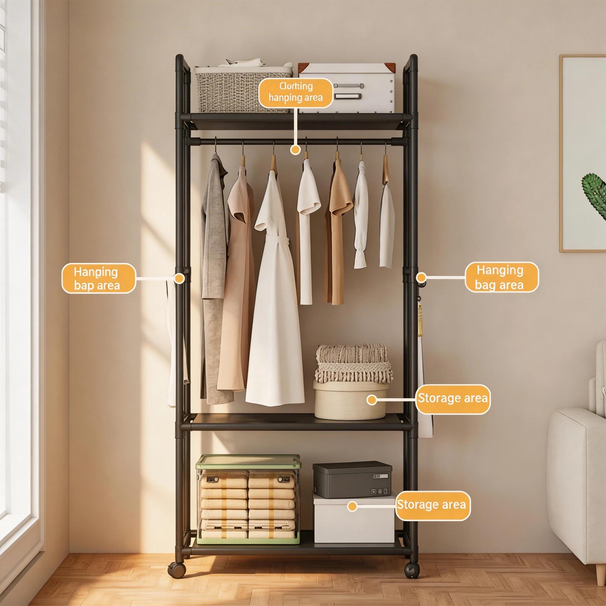 Porte-manteau multifonctionnel avec cintres, étagère de rangement multi-niveaux pour vêtements, organisateur de vêtements pour salon, gain de place