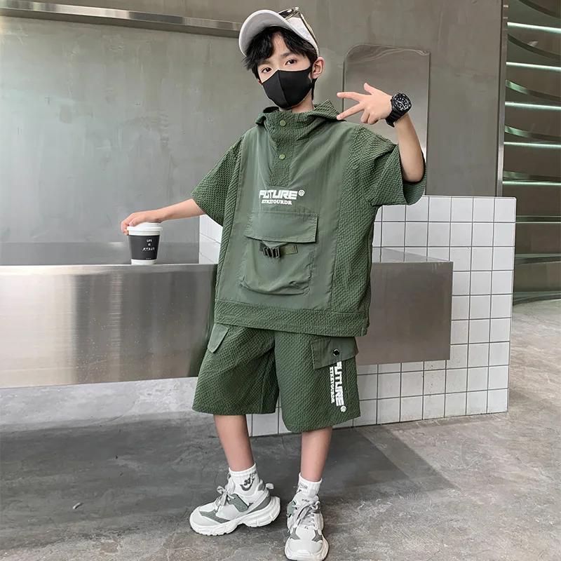 Ensemble de survêtement d'été pour enfants, T-Shirt à capuche à manches courtes + Short, ensemble deux pièces, couleur unie, vêtements de Sport, costume de Sport