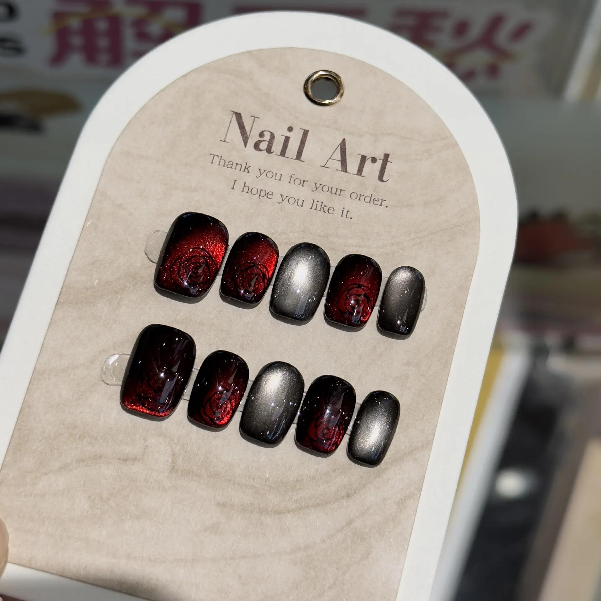 10 pièces noir mignon chat à la main presse sur ongles cristal oeil