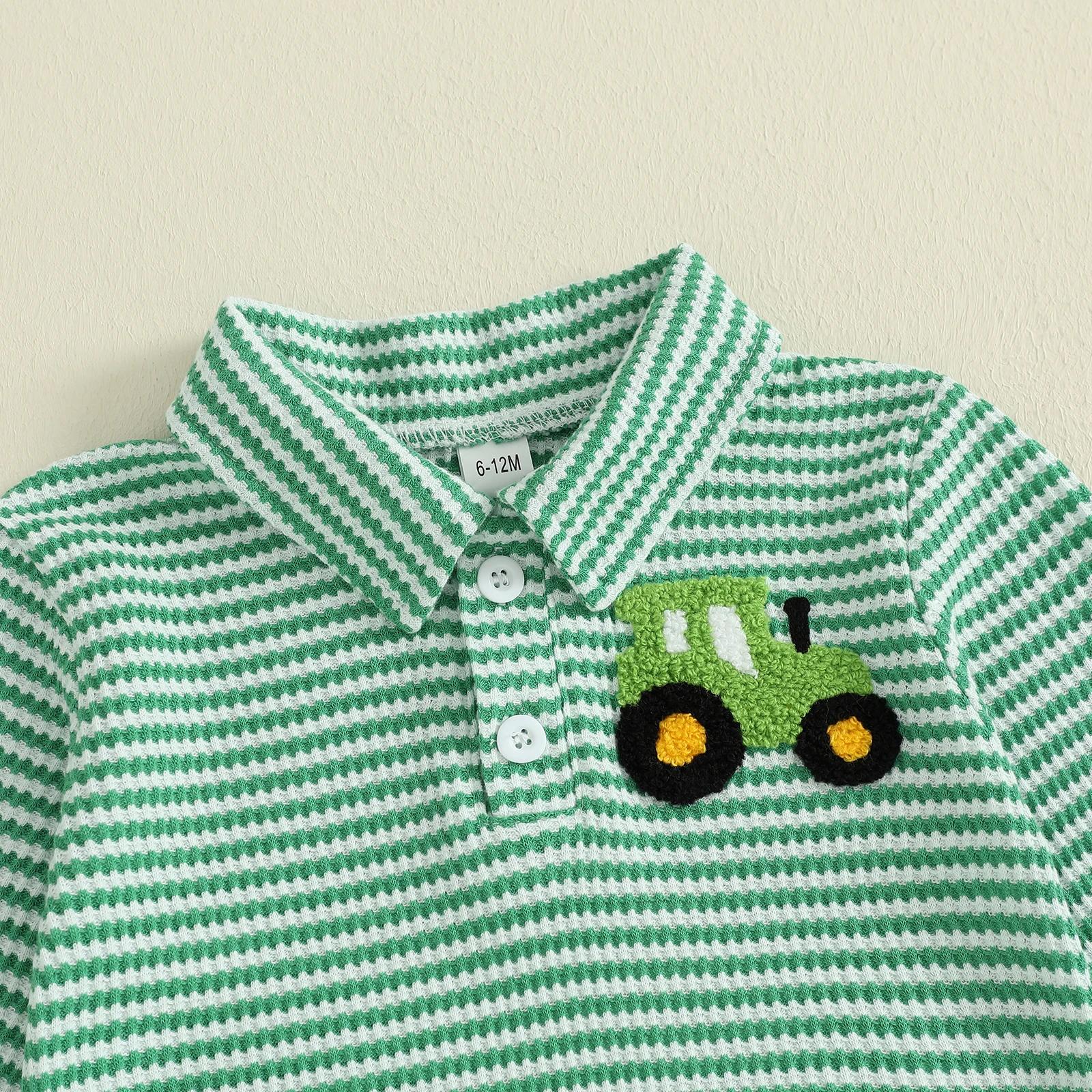 Vêtements pour bébé garçon 2 pièces tenues à manches longues revers camion broderie hauts rayés pantalons ensemble de vêtements