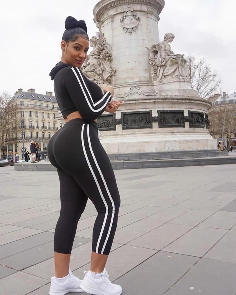 Ensemble de survêtement femme Fitness décontracté 2 pièces ensembles côté rayé à capuche culture hauts et pantalons