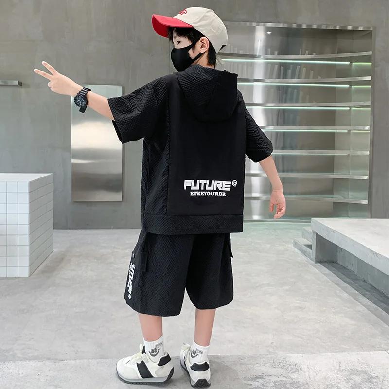 Ensemble de survêtement d'été pour enfants, T-Shirt à capuche à manches courtes + Short, ensemble deux pièces, couleur unie, vêtements de Sport, costume de Sport