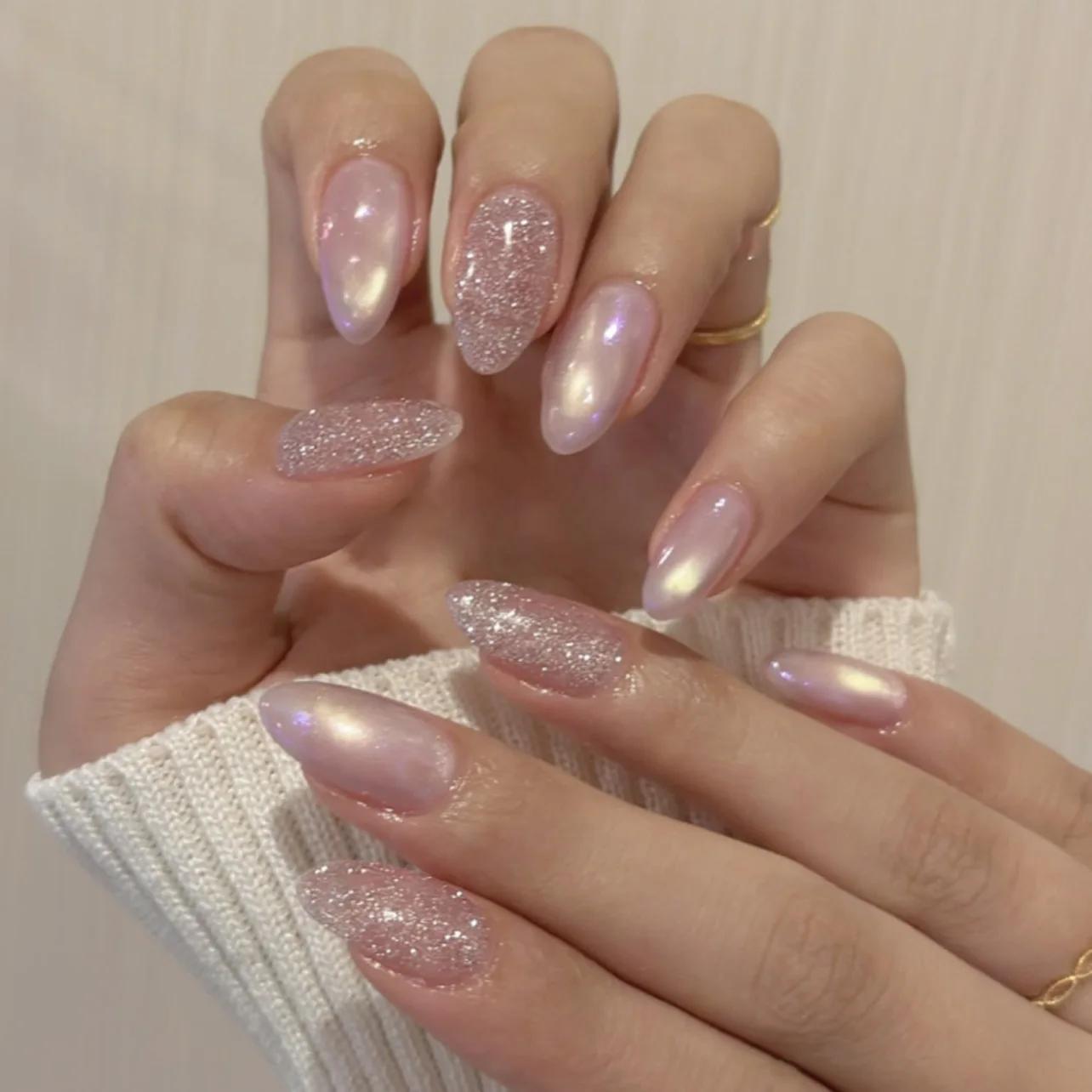 24 pièces amande Pure fait à la main presse sur les ongles couverture complète papillon français perle diamant faux ongl