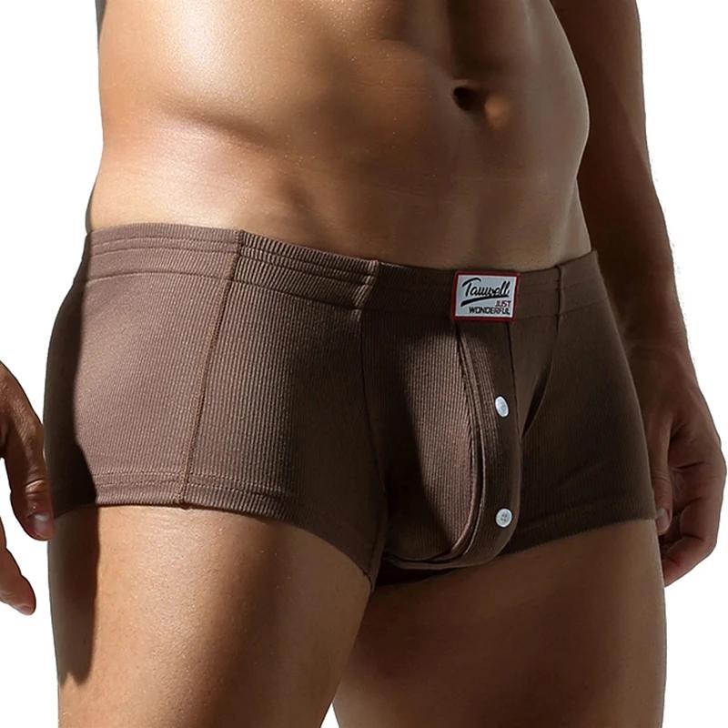 Sous-vêtements plats pour hommes, en coton synthétique, haute élasticité, surélevés, décoration de boutons, coupe slim confortable, couleur unie