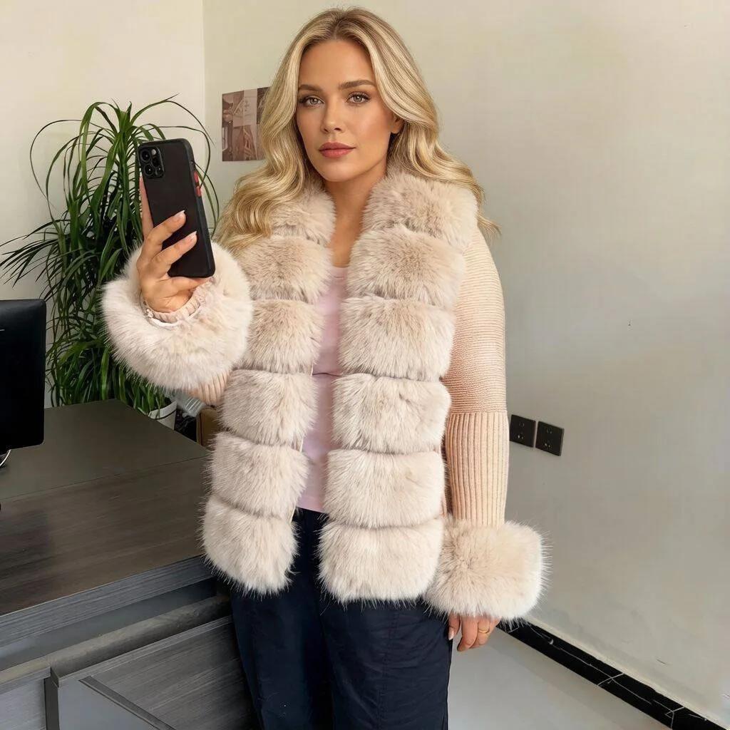 Femmes fausse fourrure tricot pull cardigan printemps automne élégant