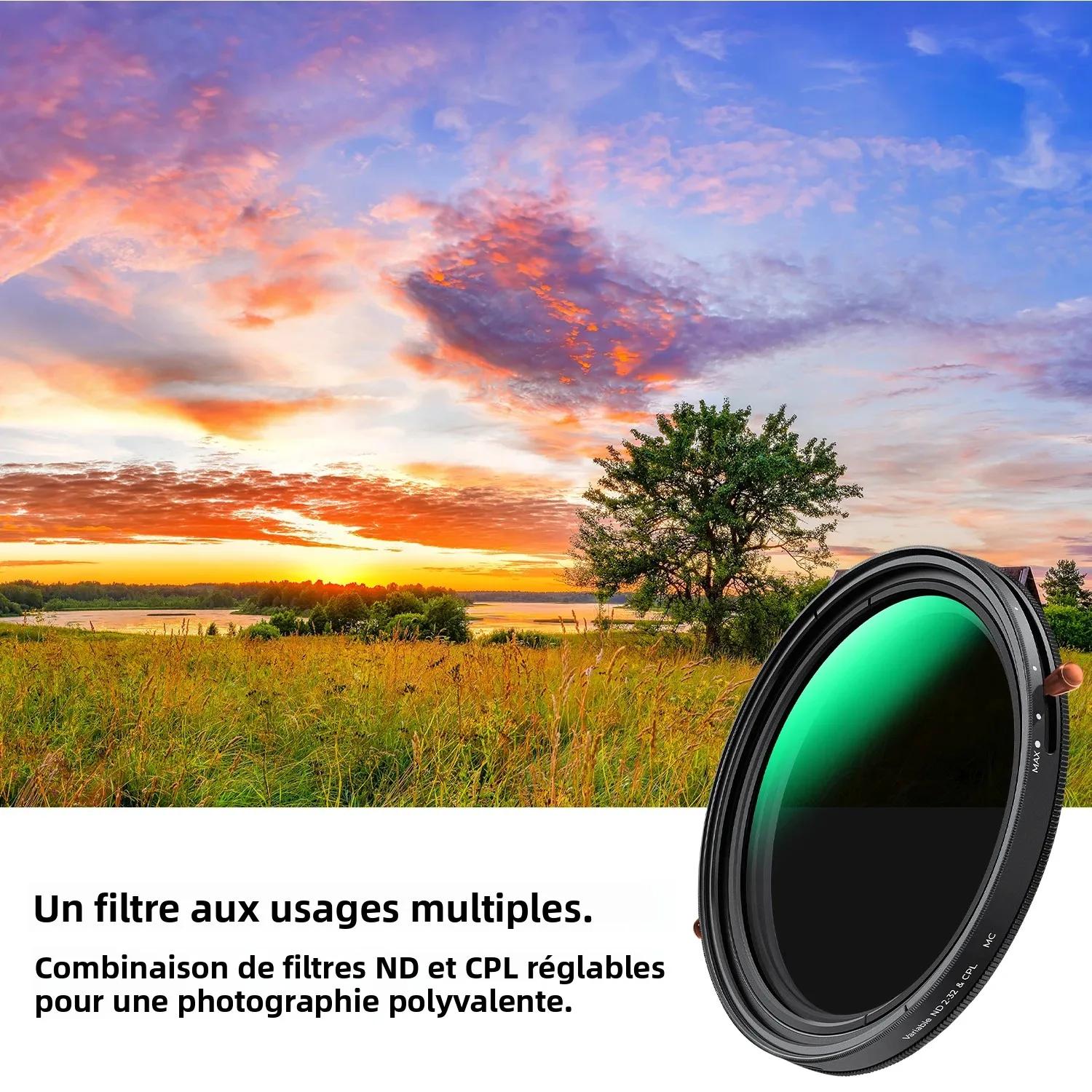 Filtre d'objectif 2-en-1 K&F CONCEPT ND & CPL ND2-ND32 (1-5 Stops) à densité neutre variable et polarisant pour objectif