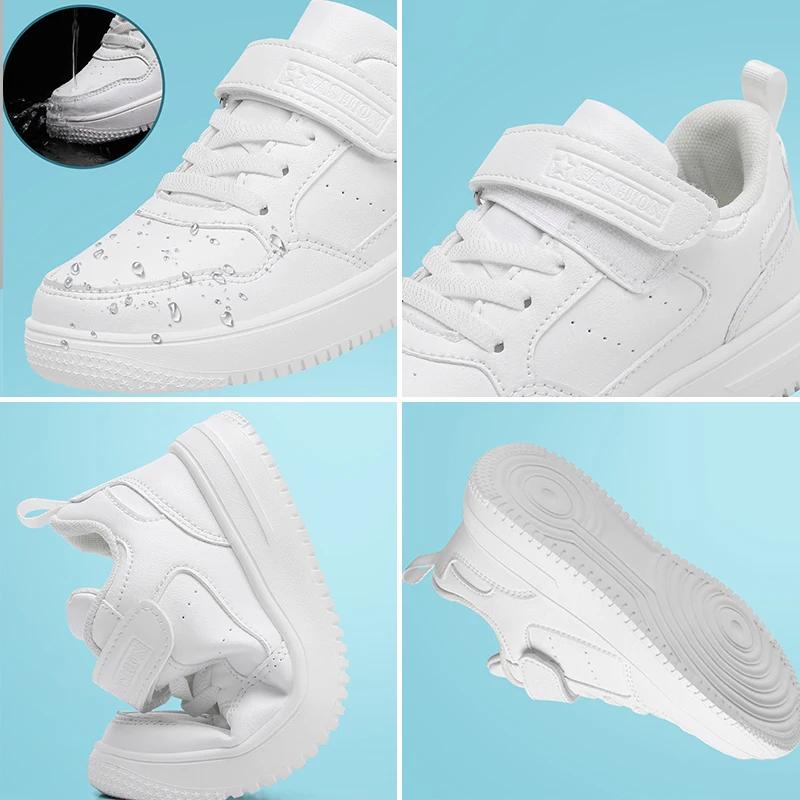 Baskets école garçons filles cuir confortables - Chaussures plates noires blanches antidérapantes pour marche