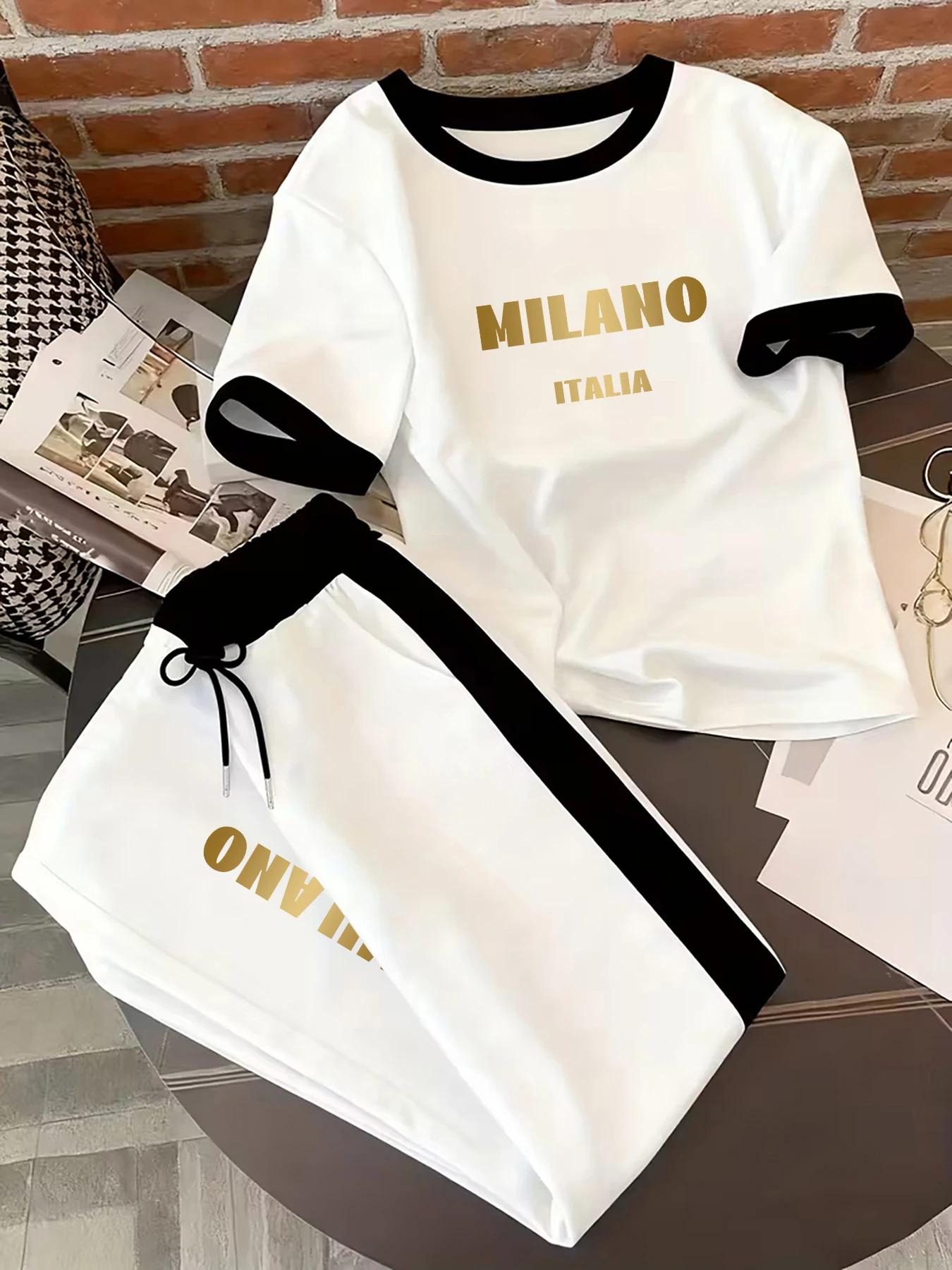 Imprimés personnalisés, designs aux couleurs contrastées, costumes pour femmes, hauts et pantalons à manches courtes pour le printemps et l'été, tenues décontractées sportives en deux pièces pour femm