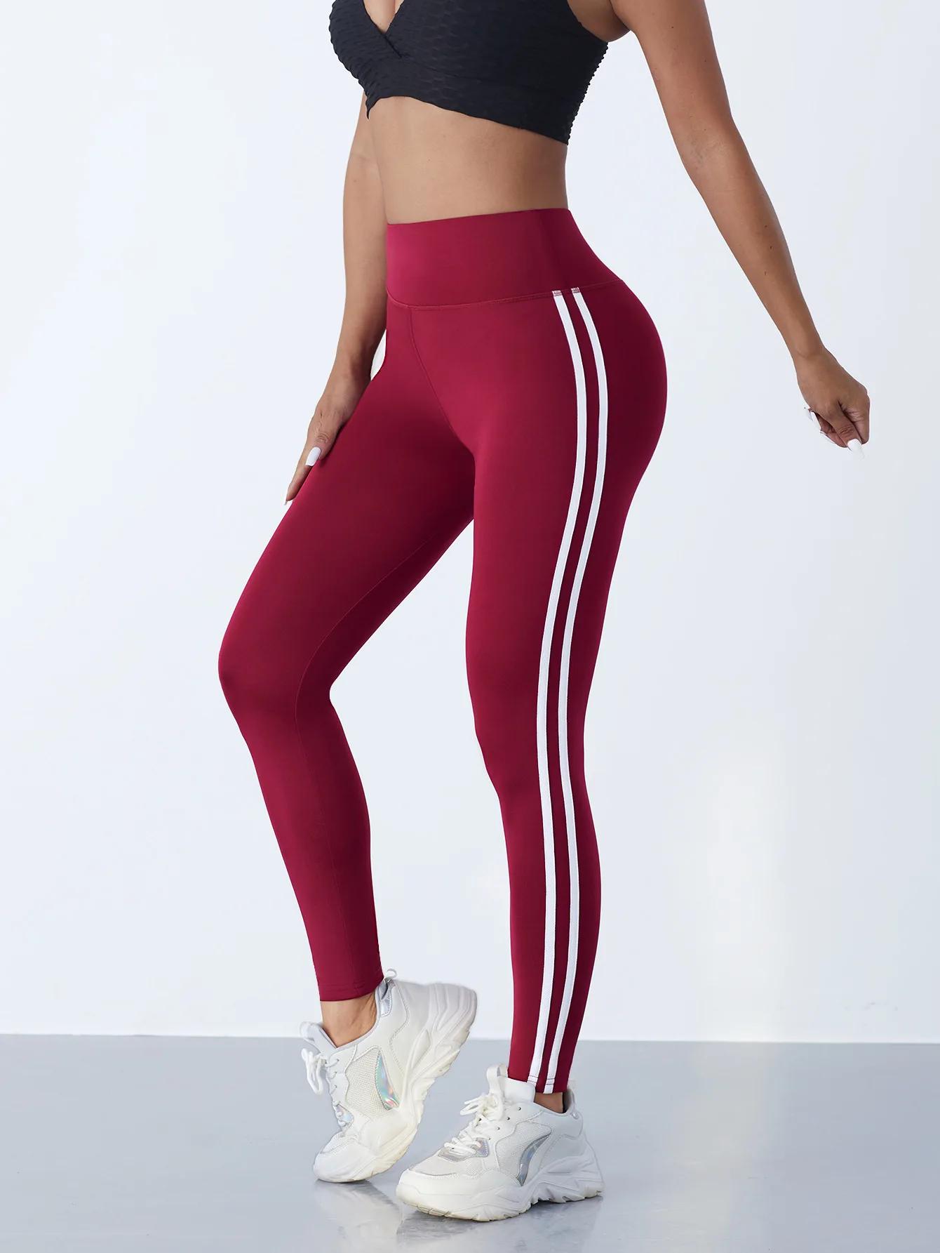 Leggings sport femmes taille haute rayures - Pantalon 4 voies stretch yoga course entraînement fitness
