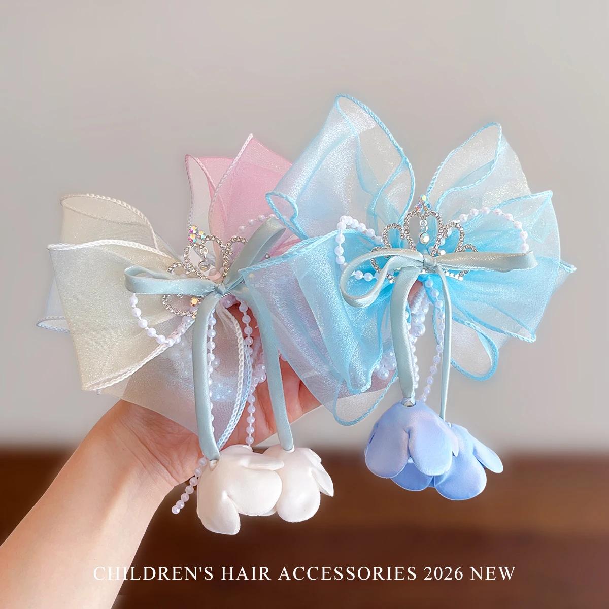 Élastiques à cheveux pour enfants, sans danger pour les cheveux, très élastiques, avec nœud en organza, perle et pompon, antidérapants, pour bébés filles, fête d'anniversaire