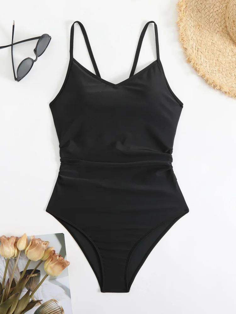 Maillot de bain une pièce femme 2026 - Modèle uni sexy à bretelles et découpes dos nu pour l'été