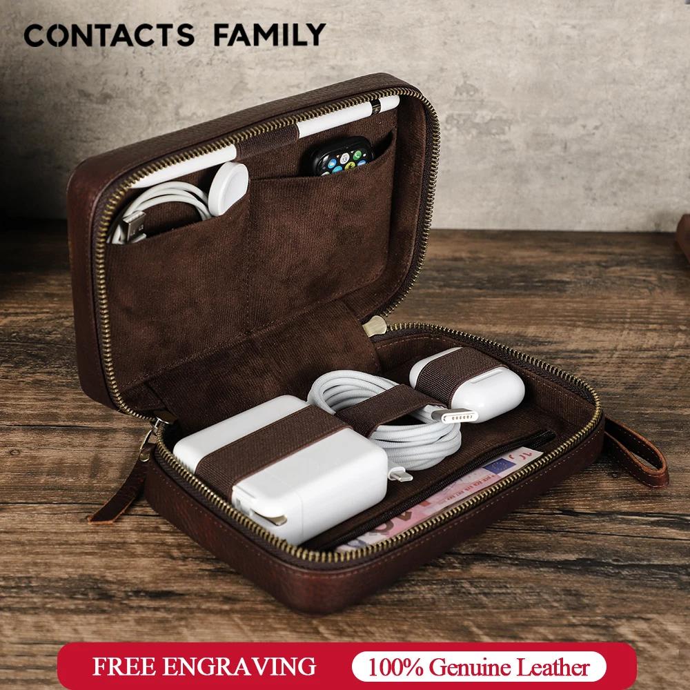 Sac de rangement portable en cuir véritable pour câble de données USB, étui pour écouteurs, accessoi